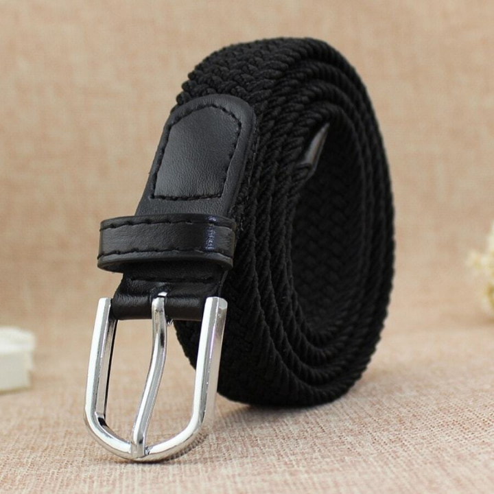 Men's Simple Elastic Woven Belt With Pin Buckle, Black, Suitable For Daily Wear, Length 110cm