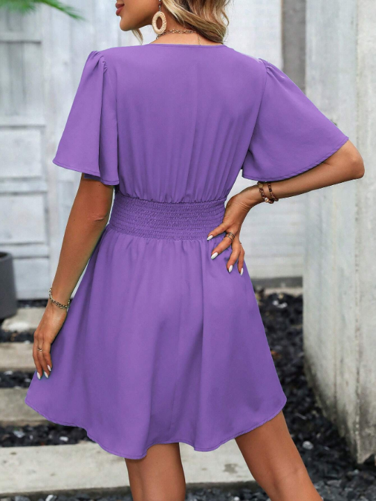 LUNE Plunging Neck Butterfly Sleeve Ruched Waist Dress