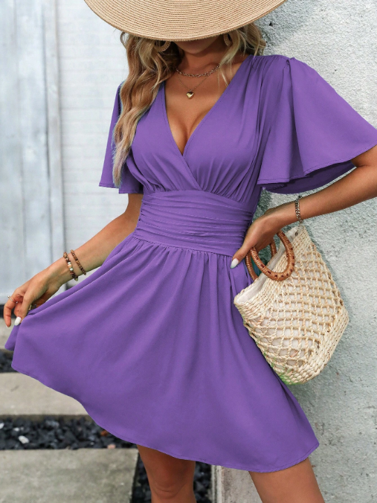 LUNE Plunging Neck Butterfly Sleeve Ruched Waist Dress