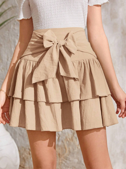 Teen Girls Tie Front Two Layer Hem Skirt