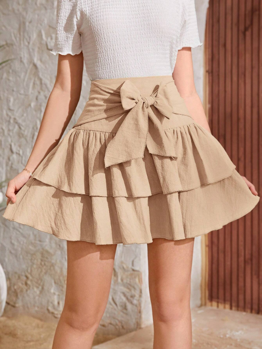 Teen Girls Tie Front Two Layer Hem Skirt