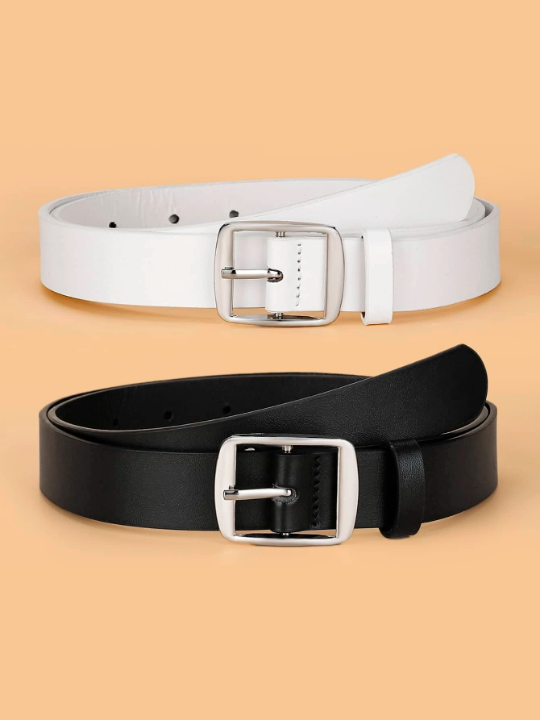 2pcs/set White & K Color Square Buckle Fashionable Decorated Pu Belt For Daily Use