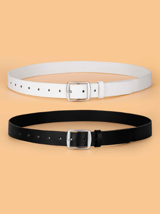 2pcs/set White & K Color Square Buckle Fashionable Decorated Pu Belt For Daily Use