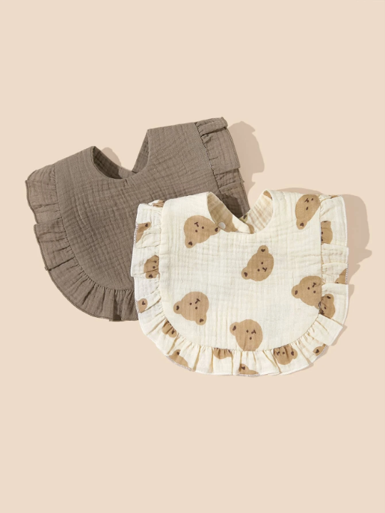 2pcs Baby Bibs With Bear Pattern And Ruffle Edge