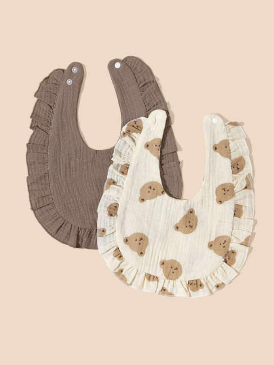 2pcs Baby Bibs With Bear Pattern And Ruffle Edge