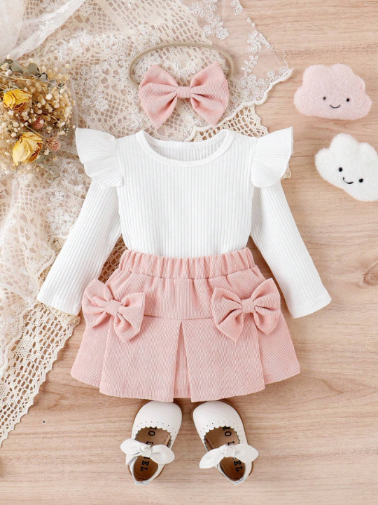 Baby Girl Ruffle Trim Tee & Bow Front Fold Pleated Skirt & Headband