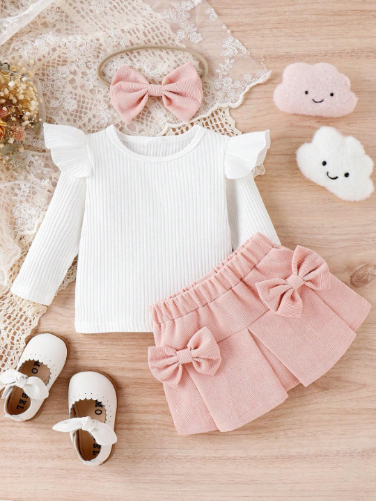 Baby Girl Ruffle Trim Tee & Bow Front Fold Pleated Skirt & Headband