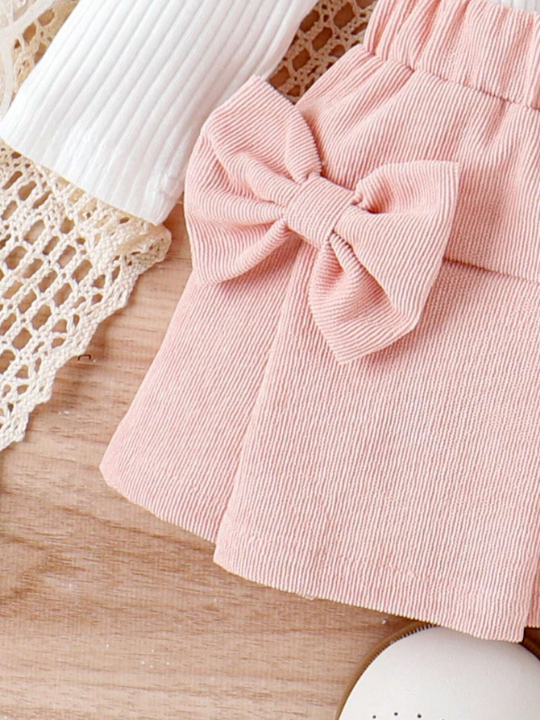 Baby Girl Ruffle Trim Tee & Bow Front Fold Pleated Skirt & Headband