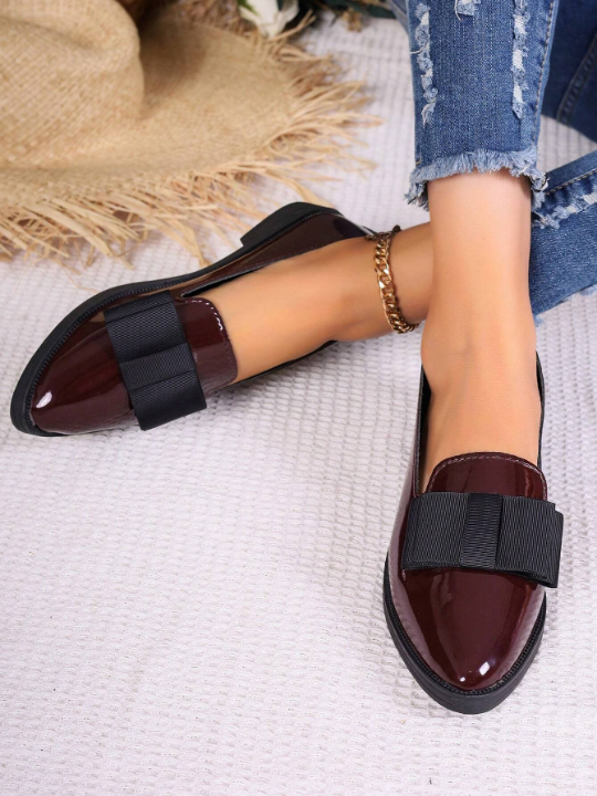 Women's Butterfly Knot Outdoor Flat Loafers For Daily, Casual, Occupational Wear, Comfortable Pointy Toe Square Heel Shoes