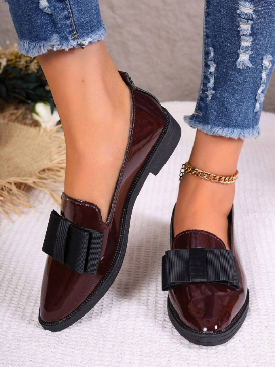 Women's Butterfly Knot Outdoor Flat Loafers For Daily, Casual, Occupational Wear, Comfortable Pointy Toe Square Heel Shoes