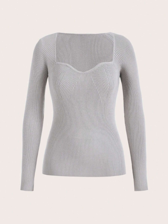 BASICS Sweetheart Neck Ribbed Knit Sweater