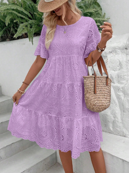 VCAY Eyelet Embroidery Ruffle Hem Smock Dress