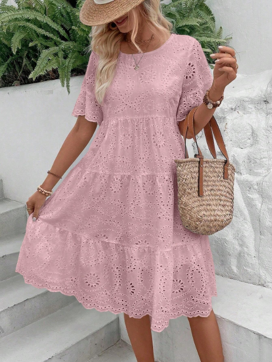 VCAY Eyelet Embroidery Ruffle Hem Smock Dress