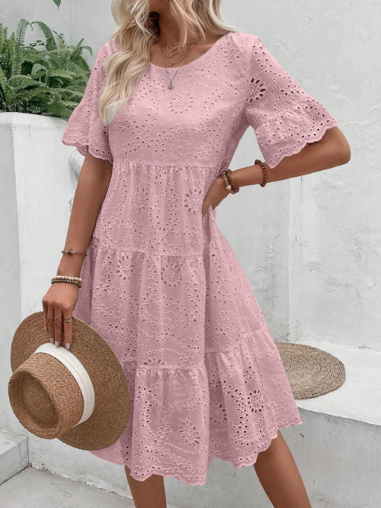 VCAY Eyelet Embroidery Ruffle Hem Smock Dress