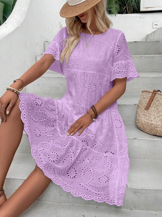 VCAY Eyelet Embroidery Ruffle Hem Smock Dress