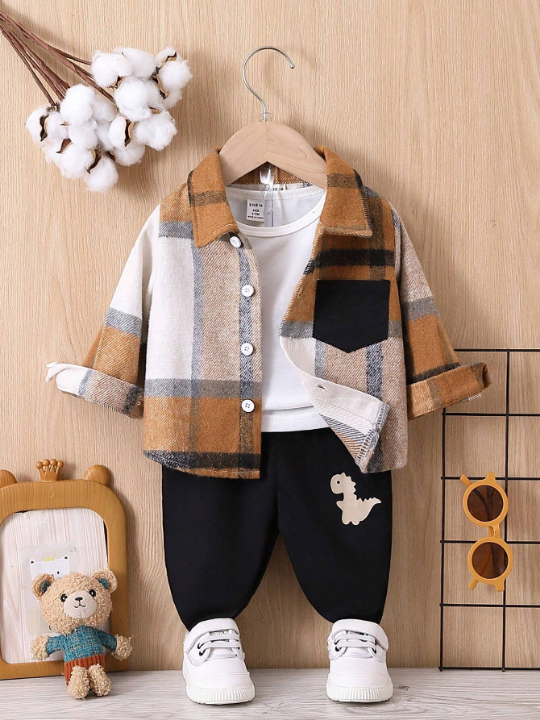 Baby Boy Plaid Patched Pocket Shirt & Pants Without Tee