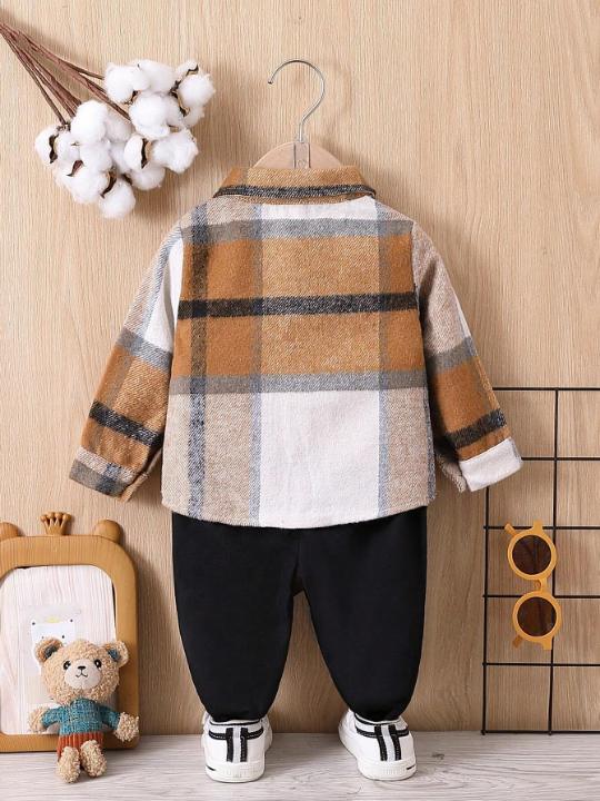 Baby Boy Plaid Patched Pocket Shirt & Pants Without Tee