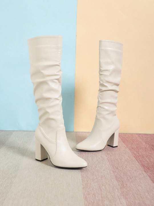 Women's Random Pleated Chunky Heel Round Toe Knee High Boots