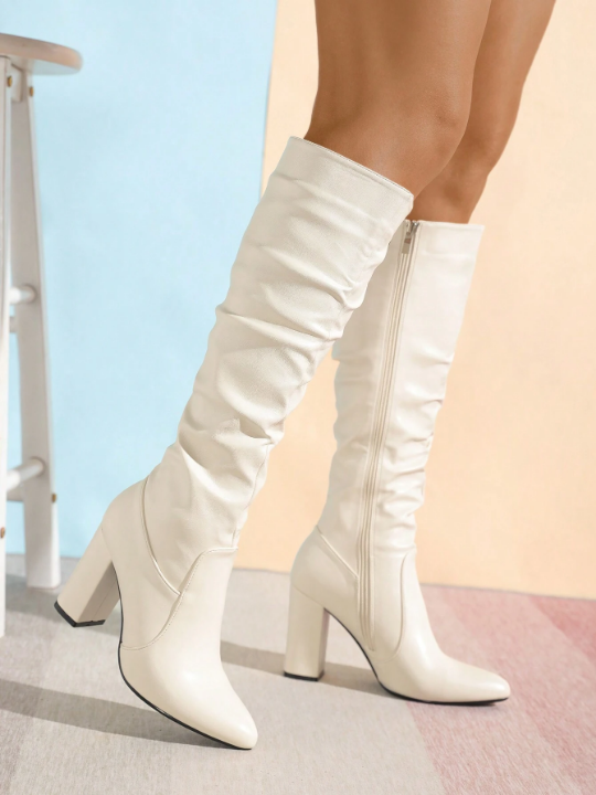 Women's Random Pleated Chunky Heel Round Toe Knee High Boots