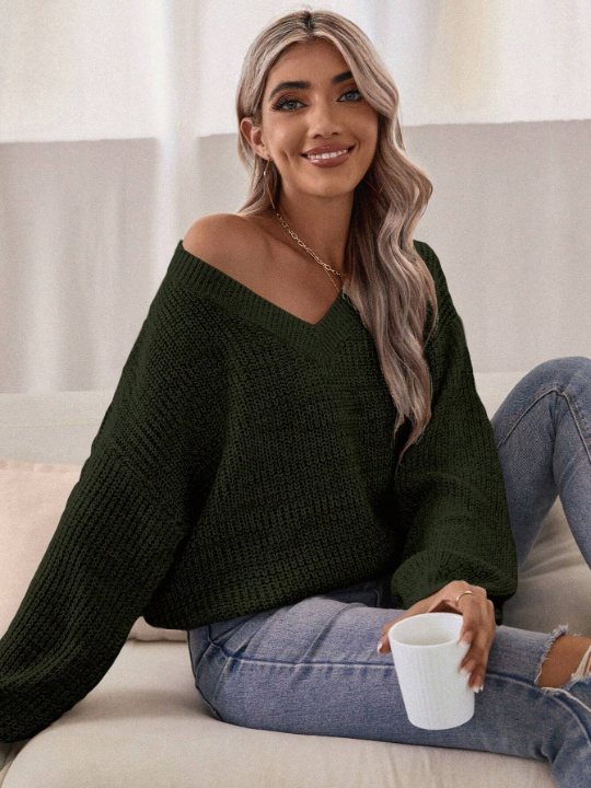 Essnce V Neck Drop Shoulder Ribbed Knit Sweater