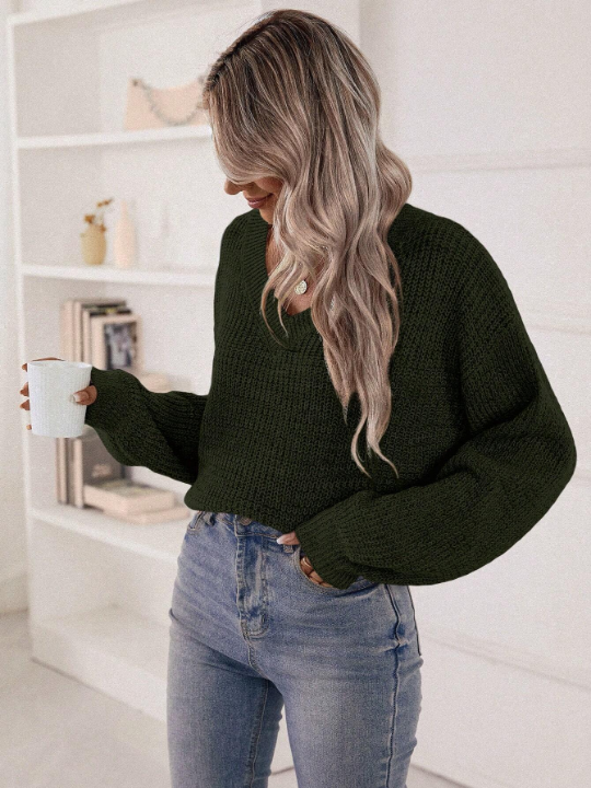 Essnce V Neck Drop Shoulder Ribbed Knit Sweater