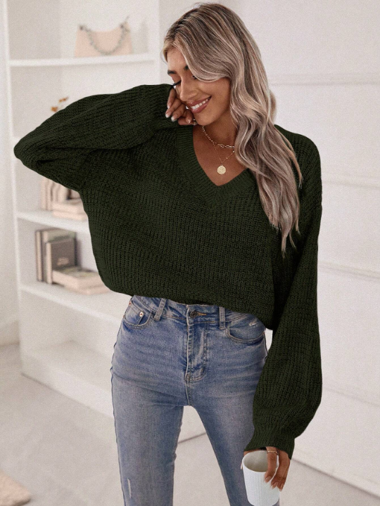 Essnce V Neck Drop Shoulder Ribbed Knit Sweater