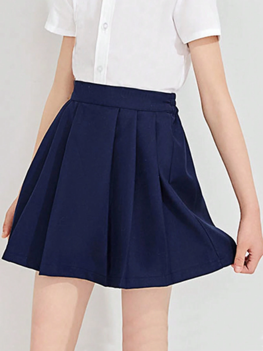 Tween Girls' Sporty Skateboarding Solid Color Short Skirt With Elastic Waist And Pleats, Suitable For School Uniform Or Performance