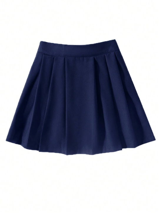 Tween Girls' Sporty Skateboarding Solid Color Short Skirt With Elastic Waist And Pleats, Suitable For School Uniform Or Performance