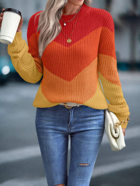 LUNE Color Block Chevron Pattern Drop Shoulder Sweater