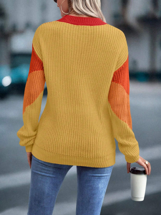 LUNE Color Block Chevron Pattern Drop Shoulder Sweater