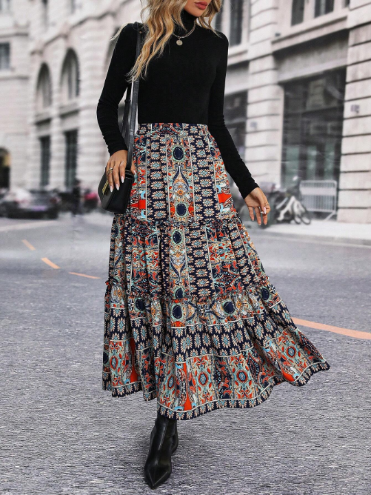 LUNE Geo Print Ruffle Hem Skirt