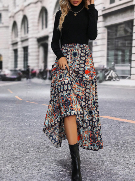 LUNE Geo Print Ruffle Hem Skirt