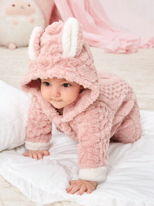 Baby Girl 3D Ear Design Hooded Teddy Jumpsuit