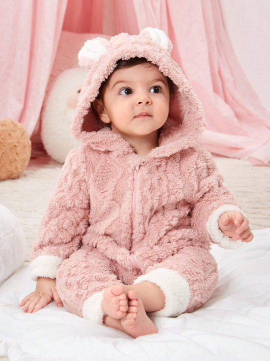 Baby Girl 3D Ear Design Hooded Teddy Jumpsuit