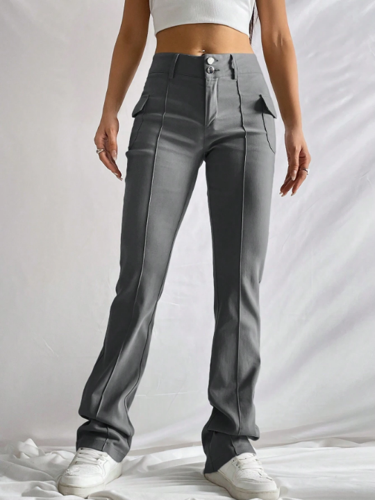 EZwear Retro Style Grey Flap Detail Seam Detail Pants