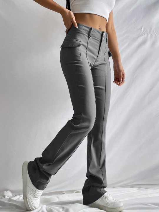 EZwear Retro Style Grey Flap Detail Seam Detail Pants