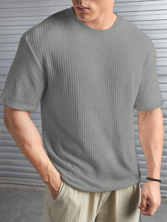 Manfinity Homme Loose Fit Men's Solid Color Waffle Knit T-Shirt