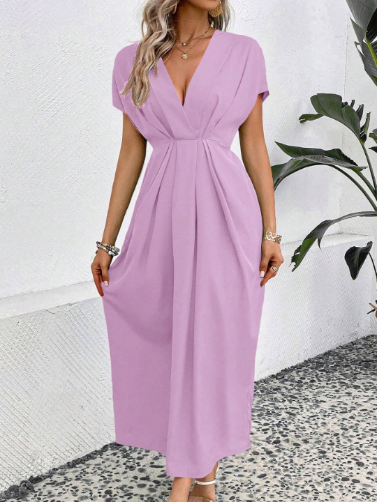 Solid Plunging Neck Batwing Sleeve Dress