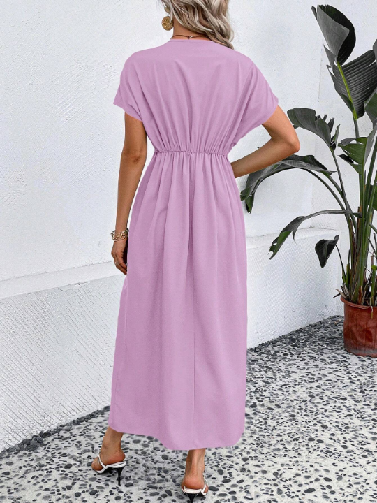 Solid Plunging Neck Batwing Sleeve Dress