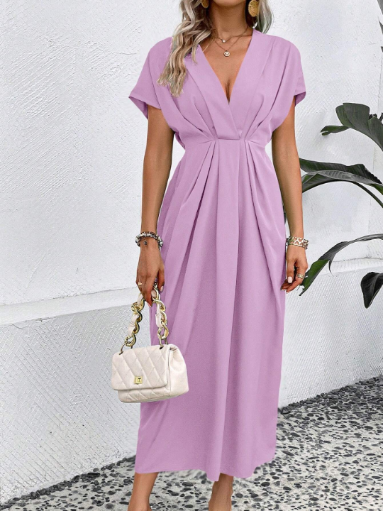 Solid Plunging Neck Batwing Sleeve Dress