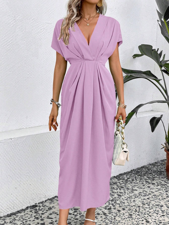 Solid Plunging Neck Batwing Sleeve Dress