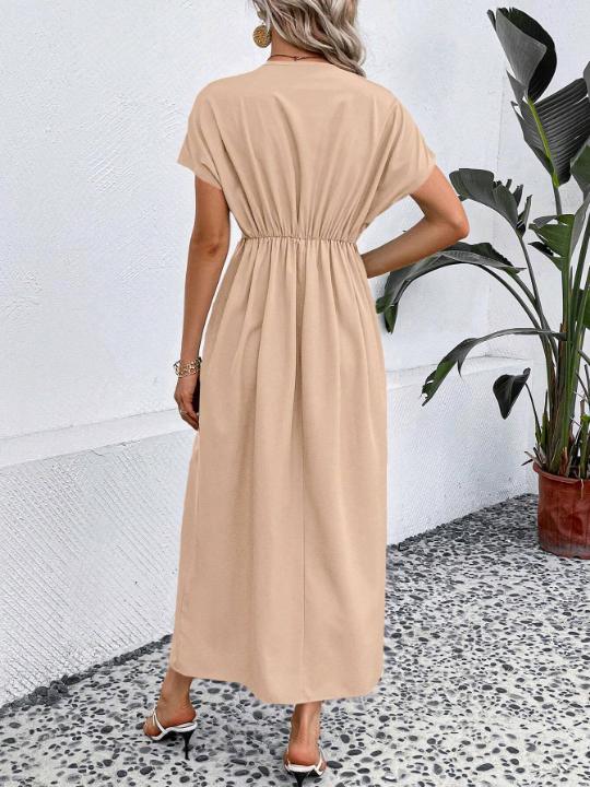 Solid Plunging Neck Fold Pleated Detail Dress