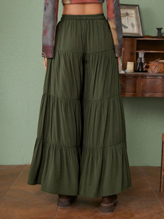 ROMWE Fairycore Solid Ruffle Hem Wide Leg Pants