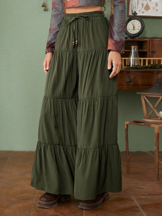 ROMWE Fairycore Solid Ruffle Hem Wide Leg Pants