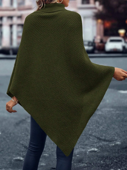 LUNE Turtleneck Batwing Sleeve Button Detail Asymmetrical Hem Knit Poncho