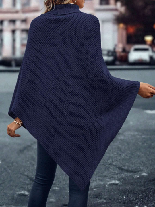 LUNE Turtleneck Batwing Sleeve Button Detail Asymmetrical Hem Knit Poncho