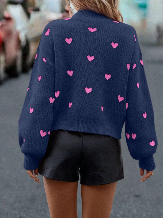 LUNE Heart Pattern Mock Neck Drop Shoulder Sweater