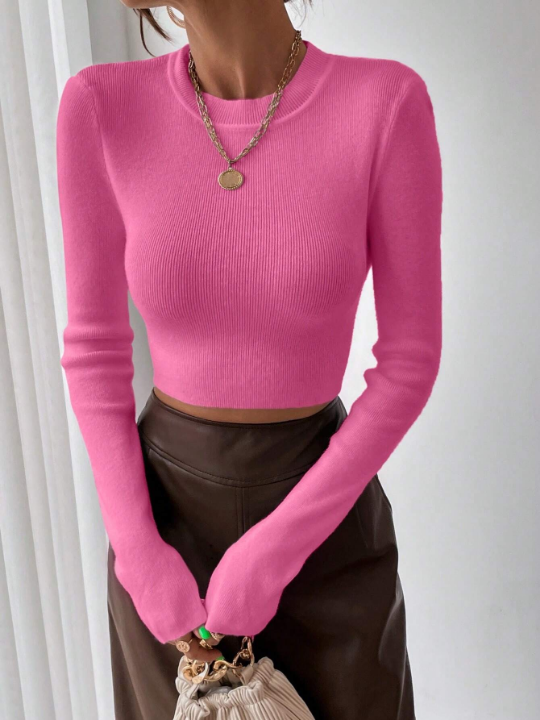 Priv Solid Ribbed Knit Crop Sweater