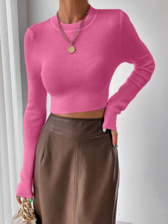 Priv Solid Ribbed Knit Crop Sweater