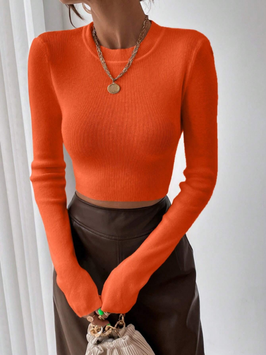 Essnce Solid Crop Ribbed Knit Sweater